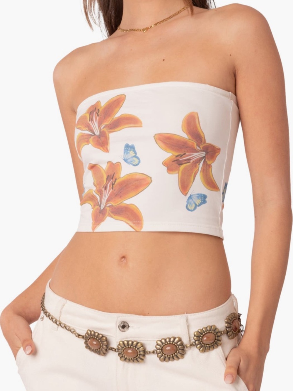 Edikted White Strapless Crop Top with Orange Lily Print